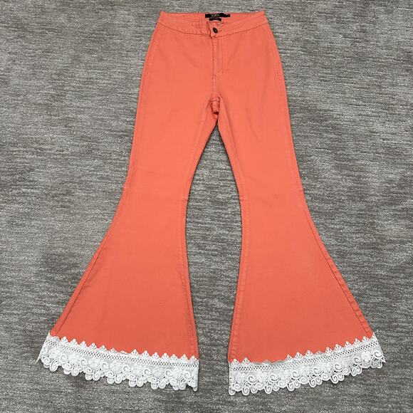 Lucky & Blessed Flare Pants Womens 2 Coral Lace Trim Boho Festival Retro Western - Picture 1 of 13